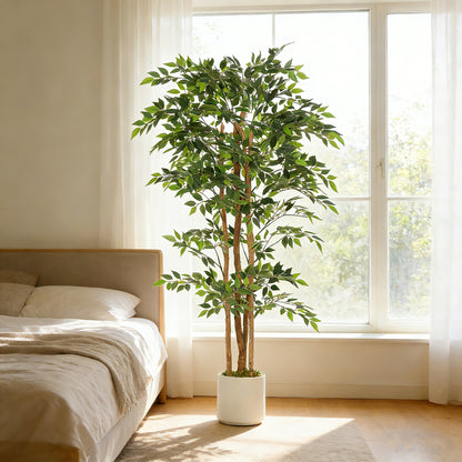 HOMCOM 180cm Artificial Ficus Tree, Fake Potted Tree with Solid Wood Trunk and Pot for Indoor, Green