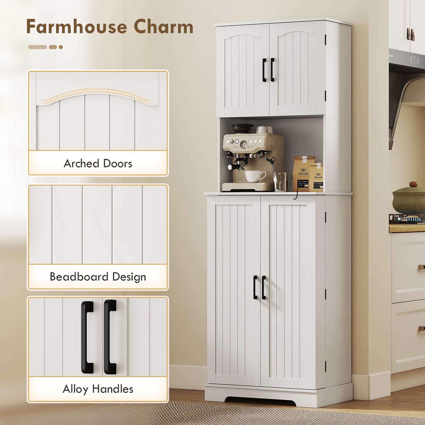 HOMCOM 181.5 cm Freestanding Storage Cabinet, Tall Kitchen Cupboard with Adjustable Shelves, 8 Door Spice Racks, White