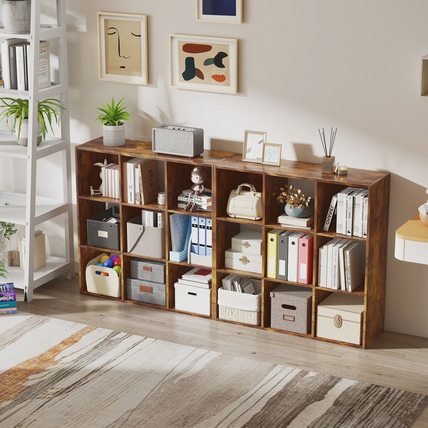 HOMCOM 3-tier 9 Cubes Storage Unit Particle Board Cupboard Bookcase Organiser Home Office Shelves, Rustic Brown