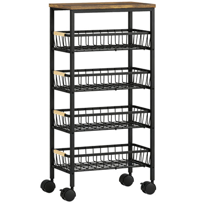 HOMCOM Metal Kitchen Trolley, 4-Tier Storage Trolley with Pull-Out Baskets and 4 Swivel Casters for Kitchen, Rustic Brown
