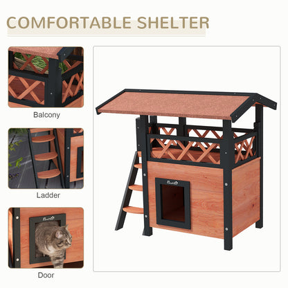 PawHut Cat House Outdoor w/ Balcony Stairs Roof, 77 x 50 x 73 cm, Brown
