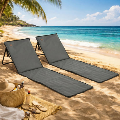 Outsunny Set of 2 Foldable Garden Beach Chair Mat, Outdoor Sun Lounger Seats with Adjustable Back, Magazine Pocket, Carry Strap