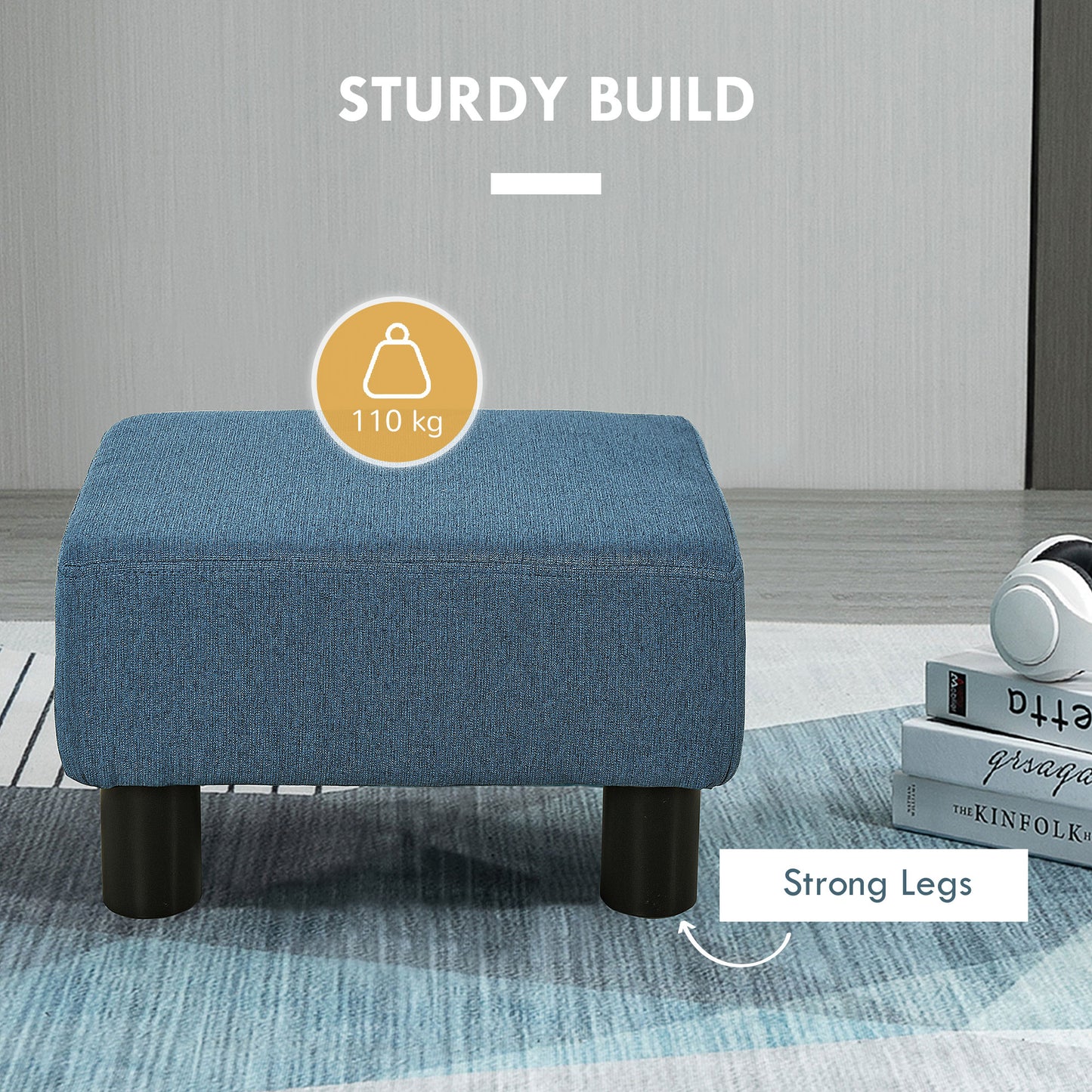 HOMCOM Linen Fabric Footstool Ottoman Cube with 4 Plastic Legs, Blue--ChewyGames-ChewyGames