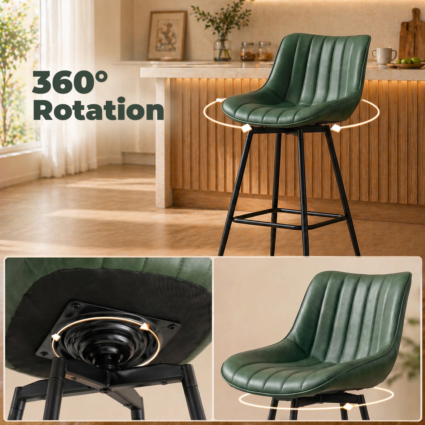 HOMCOM Set of 2 PU Leather Swivel Bar Stools - Dark Green