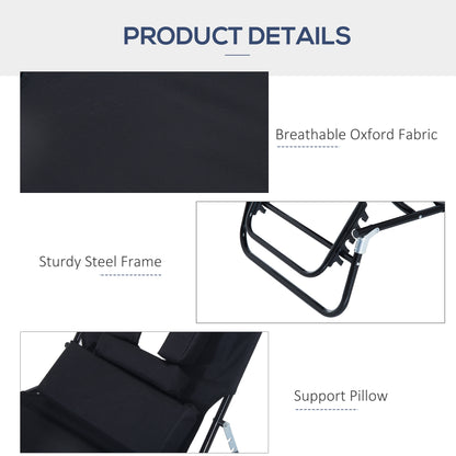 Outsunny Outdoor Folding Sun Lounger with Face Hole, 4 Level Adjustable Backrest Reclining Garden Lounger, Garden Recliner Sunbed with 600 D Oxford Cloth Seat and Pillow for Beach, Black