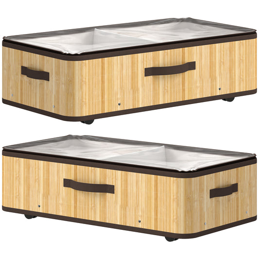 HOMCOM 60L Under Bed Storage with Wheels Pack of 2, Underbed Storage Box with Clear Lid Cover and Reinforced Handle, Natural
