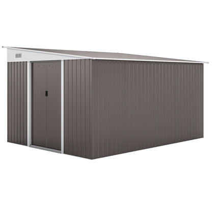 Outsunny 11.3 x 9.2ft Lean to Metal Garden Shed, Waterproof Outdoor Tool & Bike Storage Shed Galvanised with Lockable Double Sliding Doors, Pent Roof and 2 Air Vents, Grey
