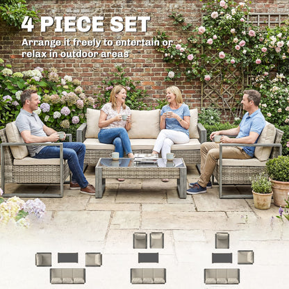 Outsunny Rattan Garden Set, 4 Piece Rattan Garden Furniture Set with 3-Seater Sofa, Armchairs, Table, Aluminium Frame Patio Furniture, Khaki