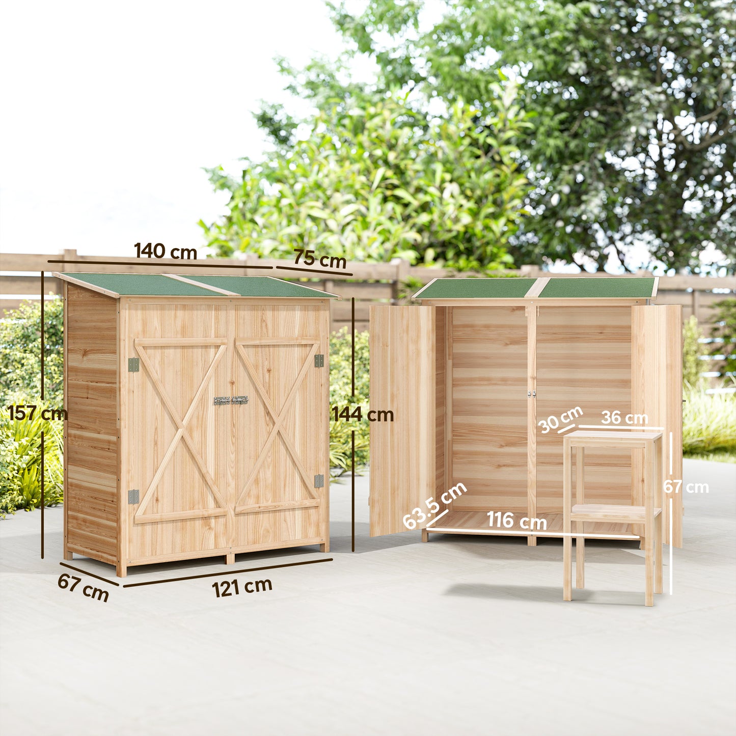 Outsunny 140 x 75 Fir Wood Garden Shed, with Asphalt Roof - Natural