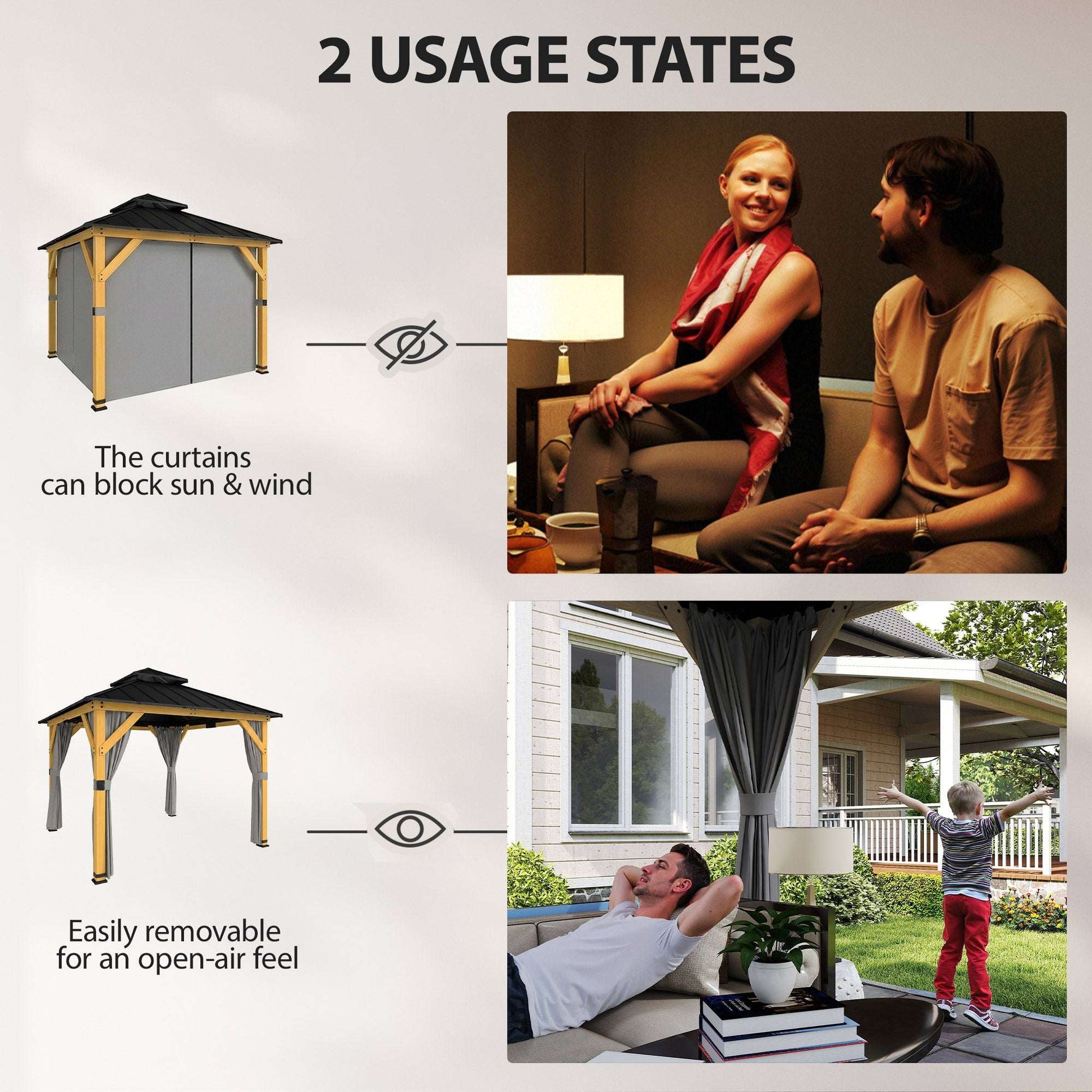 Outsunny 3 x 3 m Outdoor Hardtop Gazebo Canopy with 2-Tier Steel Roof, Wood Garden Gazebo with Curtains, Grey
