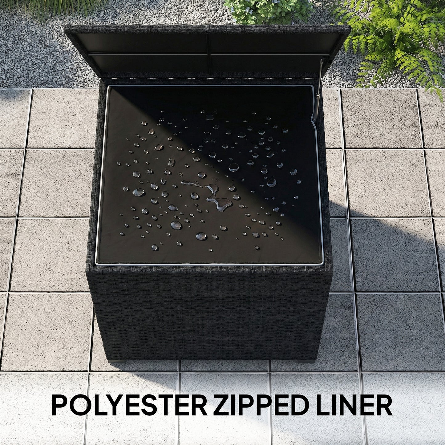 Outsunny 253L Garden Storage Box, Rattan Deck Box with Zipped Liner, Safe Pneumatic Rod, Patio Storage Container, Black