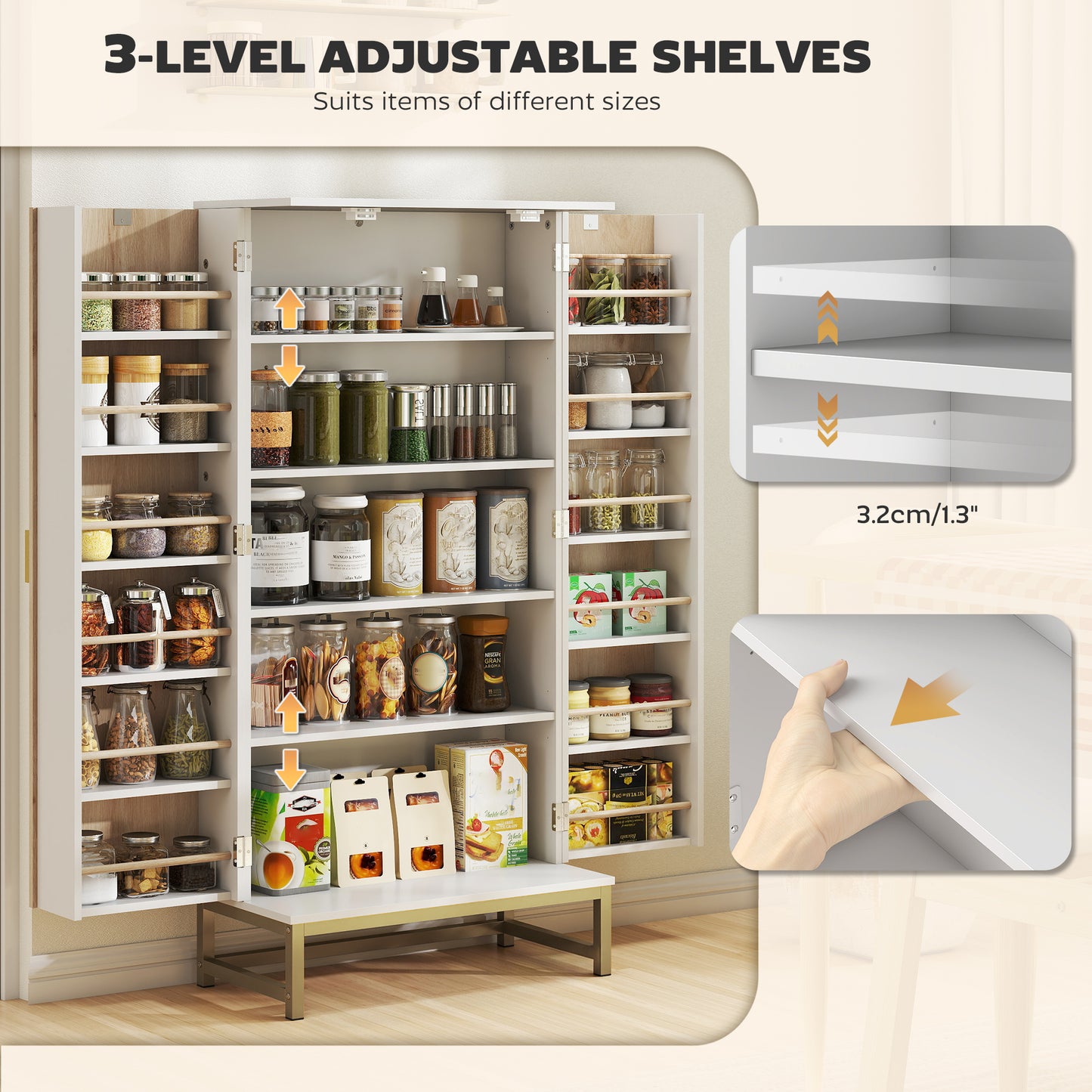 HOMCOM 119.5 cm Kitchen Cupboard, Freestanding Kitchen Cabinet with Double Doors, 5 Tiers, 12 Spice Racks, White
