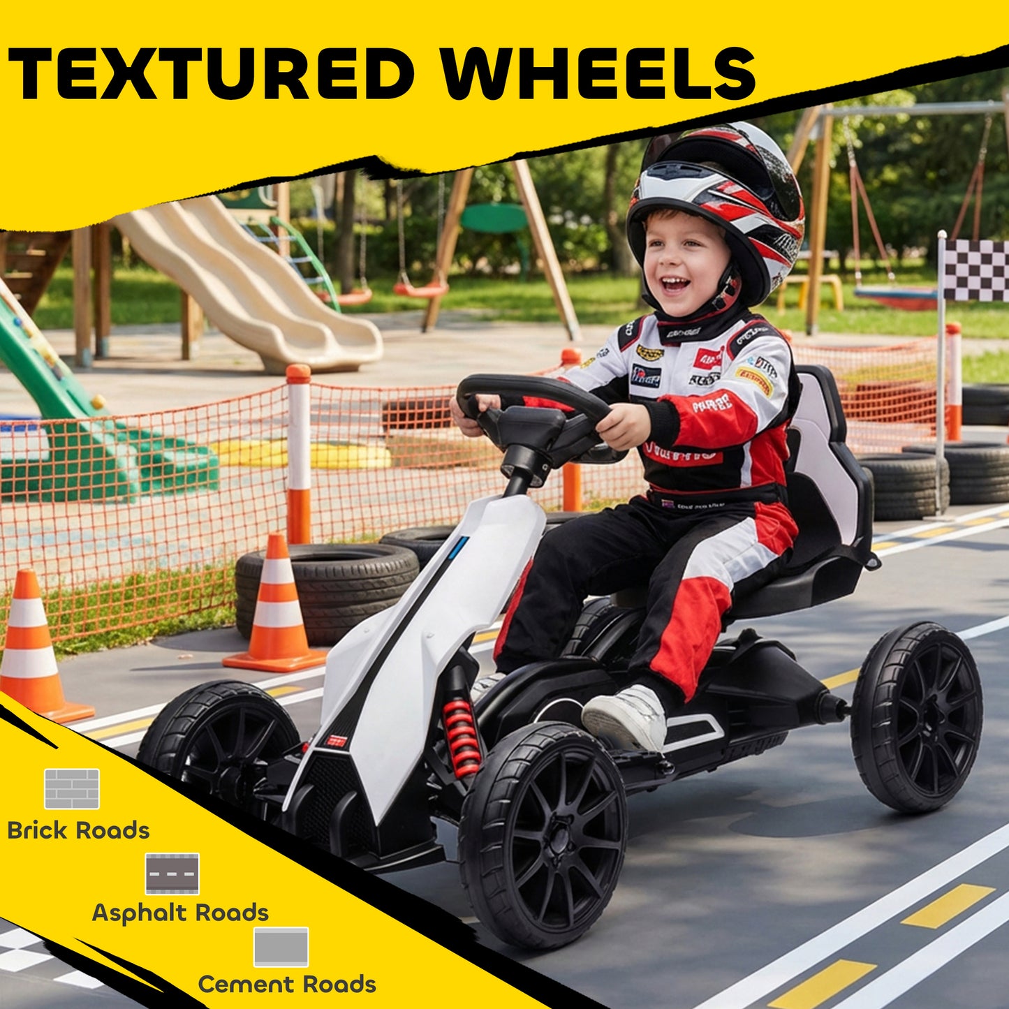 HOMCOM 12V Electric Go-Kart for Kids, Ride-On Racing Go-Kart, with Forward and Reversing Functions, for Ages 3-8 Years - White