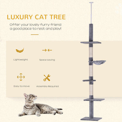 PawHut Floor to Ceiling Cat Tree 230-260cm Height Adjustable, 5-Tier Cat Tower with Scratching Posts, Hammock, Perches, Climbing Activity Centre for Indoor Kittens Playing and Relaxing, Grey