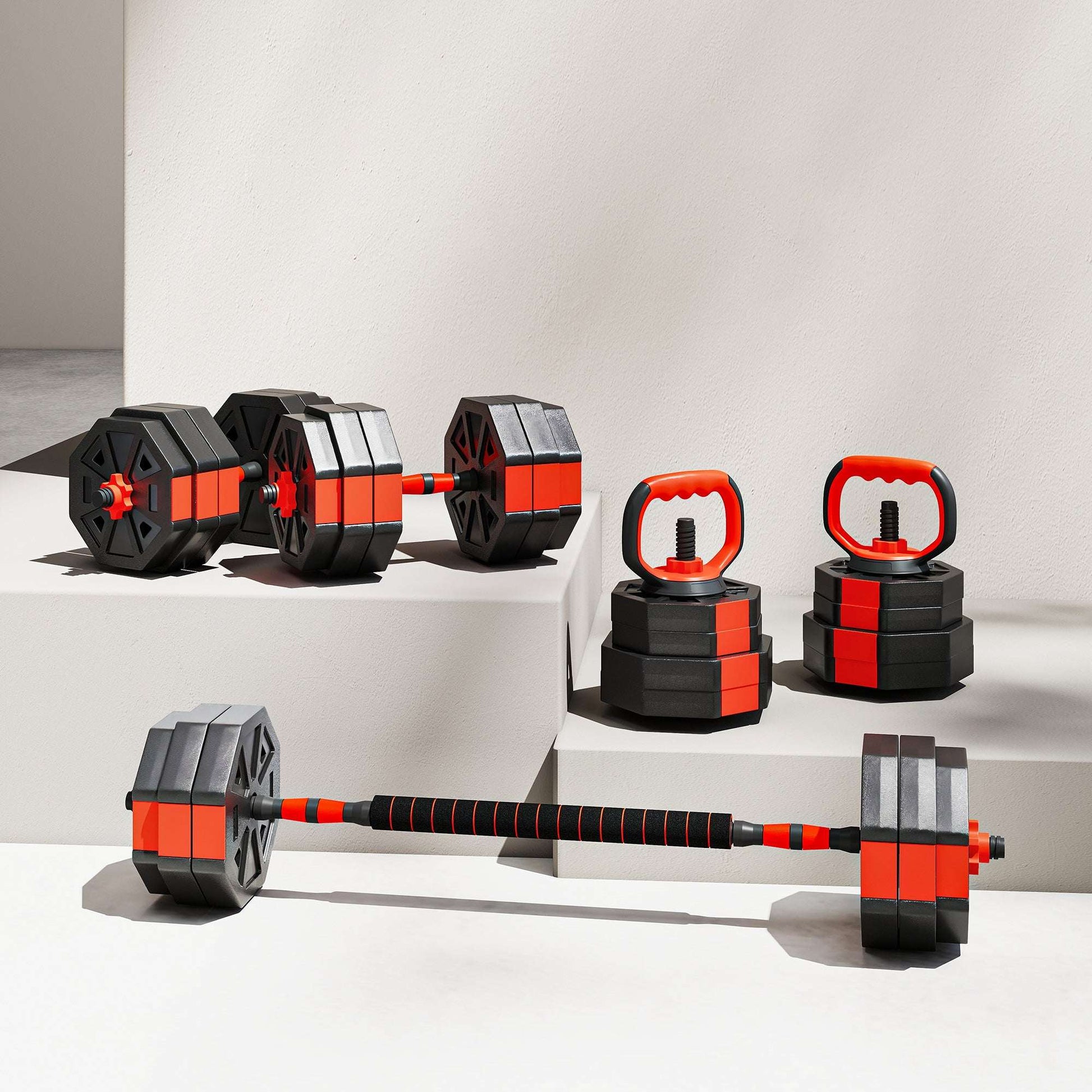 SPORTNOW 6-in-1 Adjustable Weight Dumbbells Set, Used as Kettlebell, Barbell, Dumbbell, Push-Up Stand, 30kg Free Weights Set for Men and Women Home Gym Training, Red