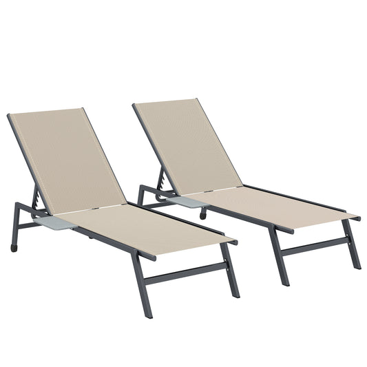 Outsunny Sun Loungers Set of 2 with Side Tray Table, Garden Recliners with 5-Position Adjustable Backrest, 2 Wheels, Khaki--ChewyGames-ChewyGames