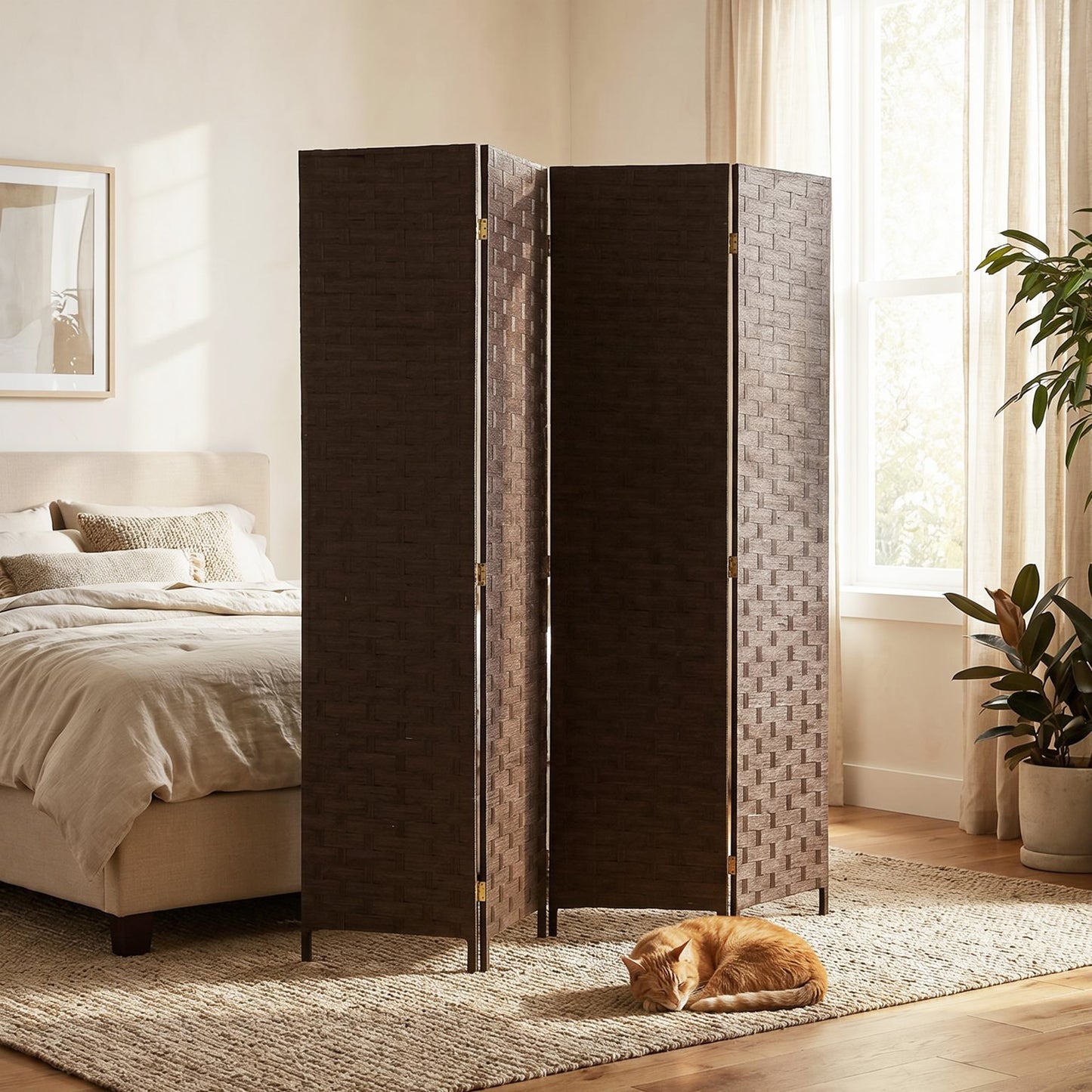 HOMCOM Wave Fibre Freestanding Folding Privacy Screen Panels, Room Divider, Dark Brown