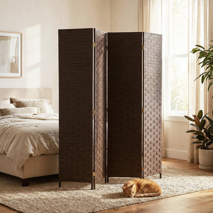 HOMCOM Wave Fibre Freestanding Folding Privacy Screen Panels, Room Divider, Dark Brown