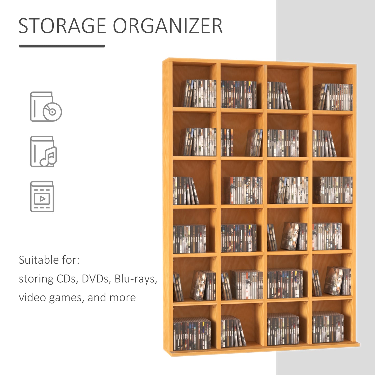 HOMCOM CD Storage Unit with Adjustable Shelves, 89 x 130.5 cm, Beech Wood Finish