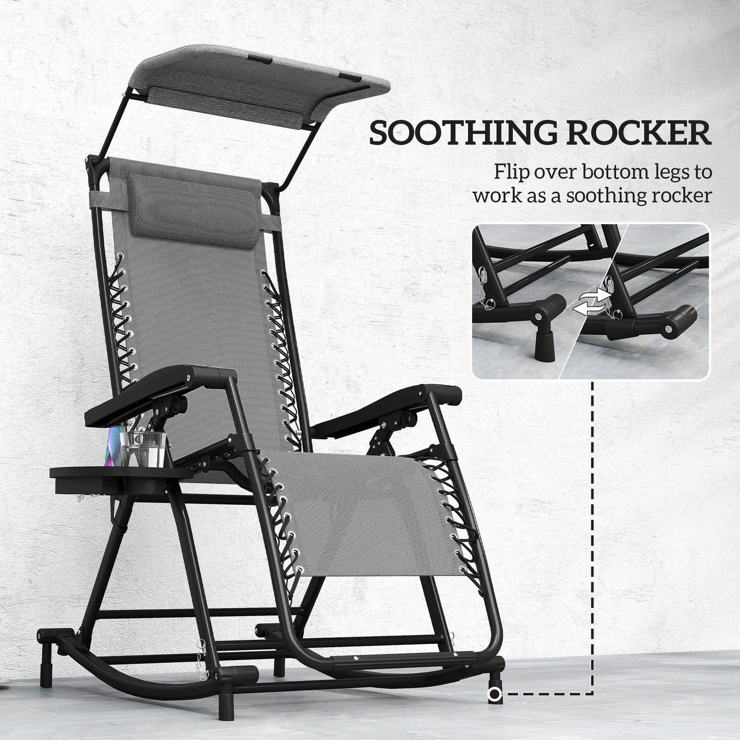 Outsunny Garden Rocking Chair Folding Recliner Outdoor Adjustable Sun Lounger Rocker Zero-Gravity Seat with Headrest Side Holder Patio Deck - Grey