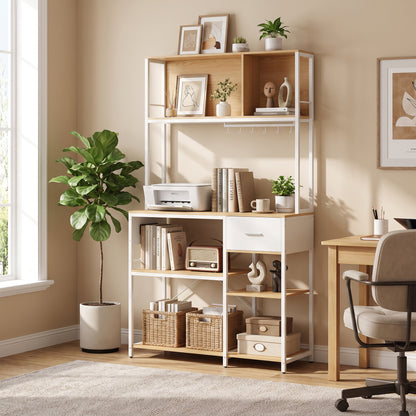 HOMCOM Kitchen Storage Rack with Power Outlet, USB and Type-C Ports, Drawer, Shelves and 4 Hooks, Oak and White