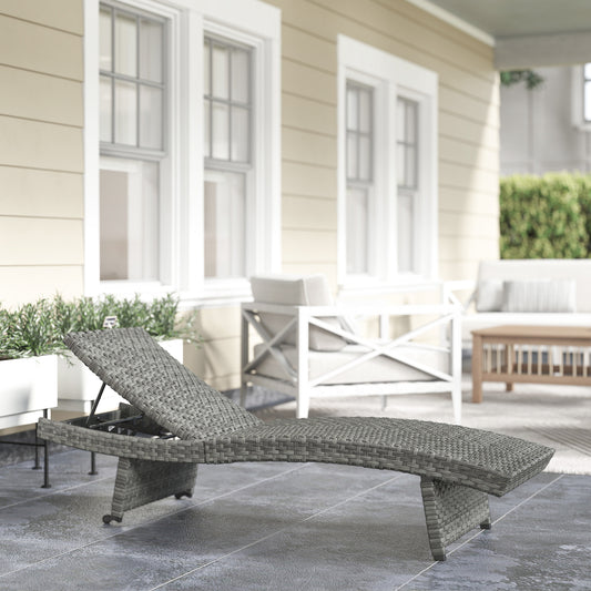 Outsunny Outdoor PE Rattan Sun Lounger, Folding Wicker Garden Lounger Recliner with 4-Level Adjustable Backrest, Rolling Sunbed Lounge Chair with Wheels, Non-Slip Legs for Balcony, Beach, Mixed-grey
