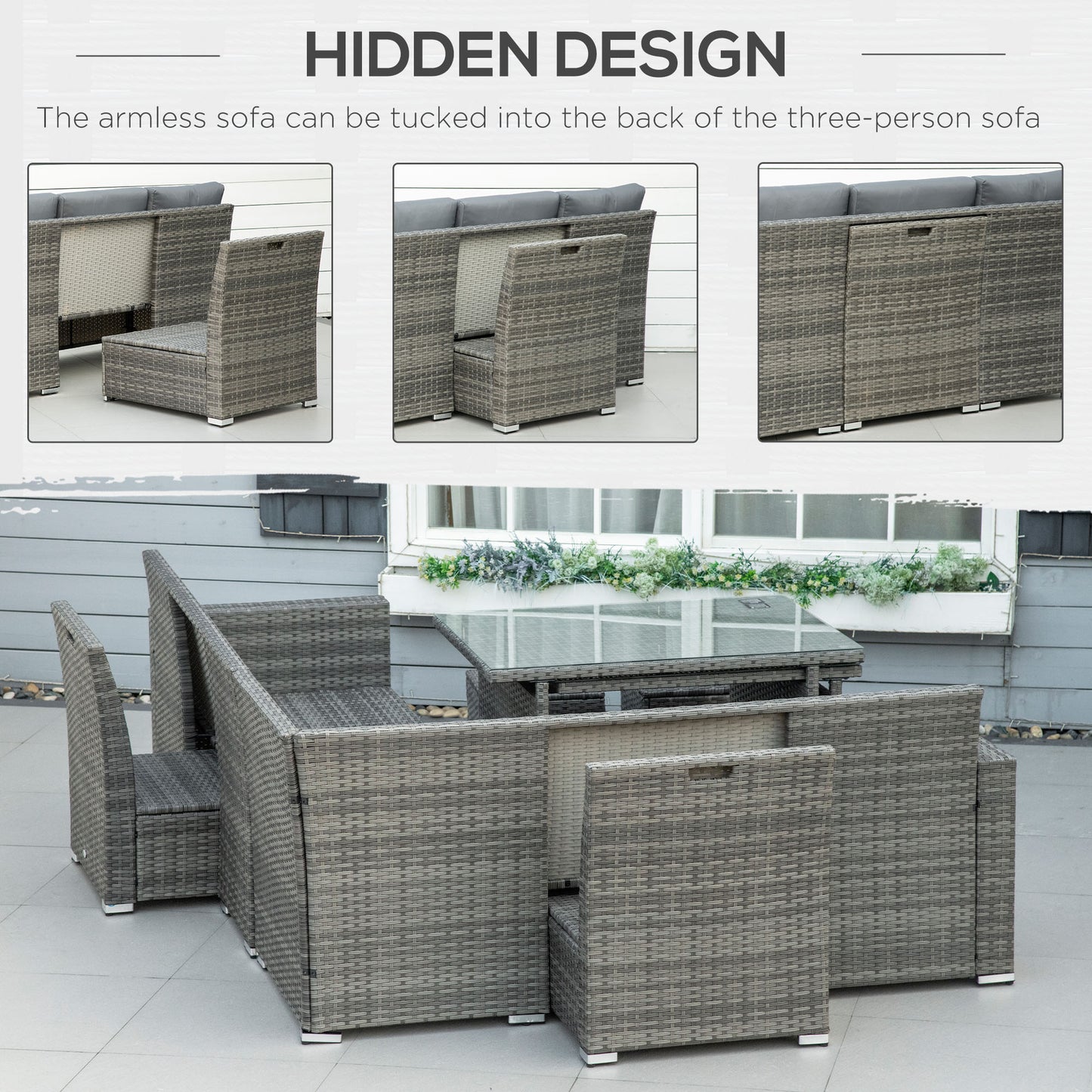 Outsunny Seven-Piece Rattan Garden Sofa Set, with Expanding Table - Grey--ChewyGames-ChewyGames