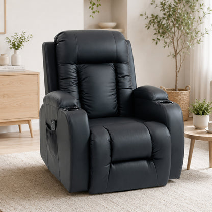 HOMCOM PU Leather Recliner Chair, Recliner Armchair with Extended Footrest, Cup Holders and Side Pockets, Black