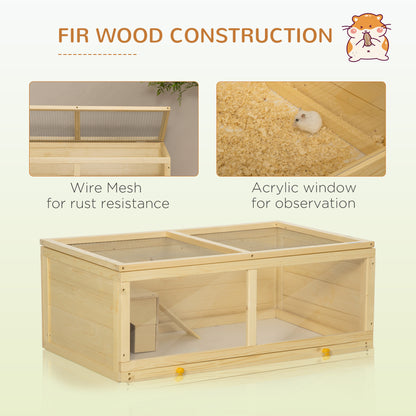 PawHut Wooden Hamster Cage with Sliding Tray, Openable Top, Hut for Syrian Hamster, Natural Wood Finish