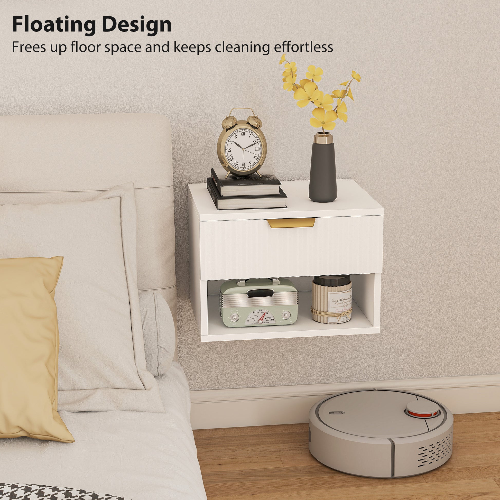 HOMCOM Floating Nightstands Set of 2, Modern Wall Mounted Bedside Tables, White-Nightstands-ChewyGames-ChewyGames