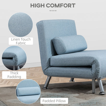 HOMCOM Single Sofa Chair Bed, Linen Fabric 3-in-1 Convertible Sleeper Chair with 5-Position Adjustable Backrest, 75cm Wide Seat, Pillow for Living Room, Bedroom, Sky Blue