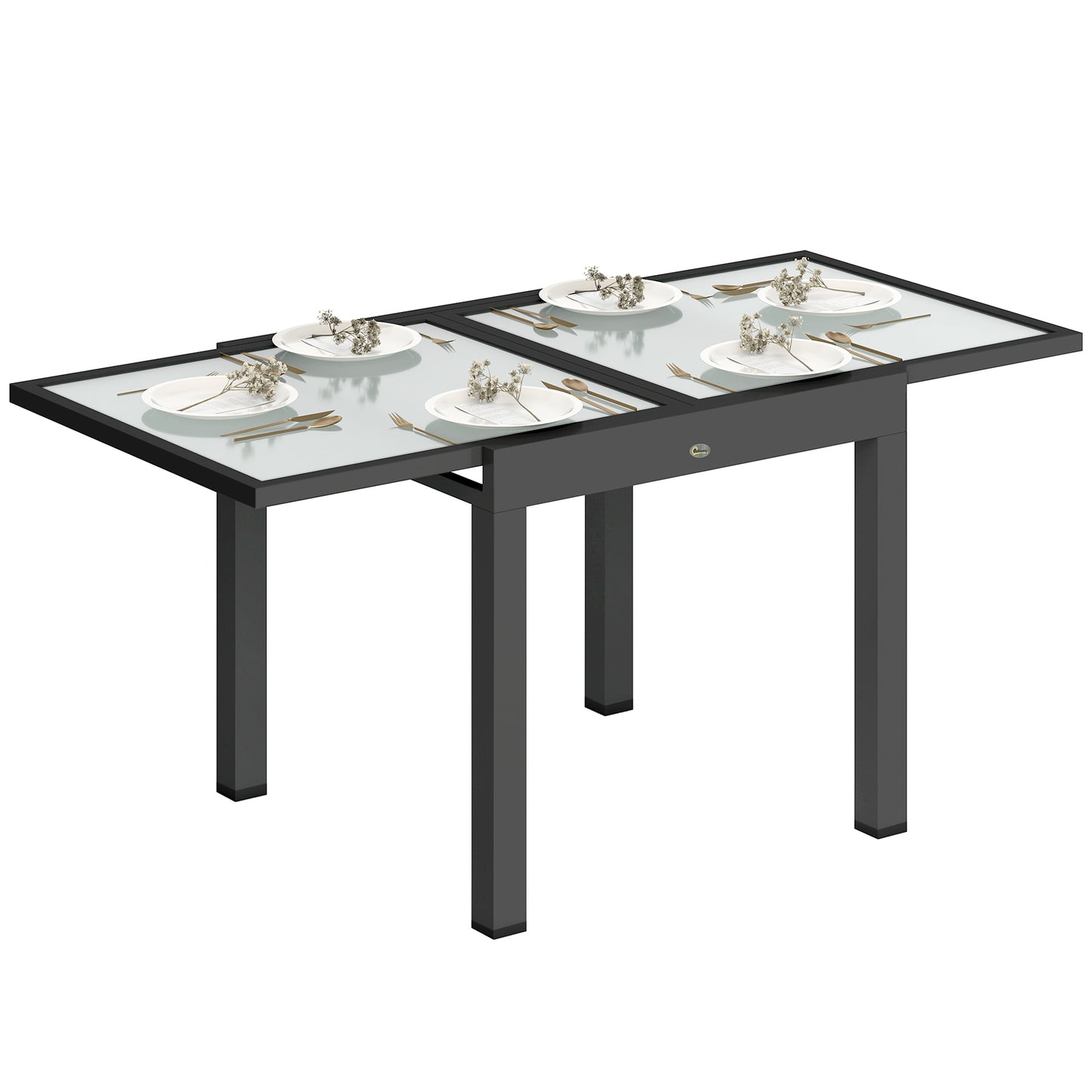 Outsunny Extending Garden Table, Outdoor Dining Table with Aluminium Frame and Tempered Glass Tabletop, 80/160 x 80 x 75 cm, Black and Clear