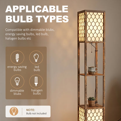 HOMCOM Floor Lamp with Shelves, Modern Tall Standing Lamp with Fabric Lampshades, Zipper Switch and Dual Light, Rustic Brown
