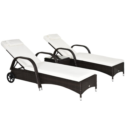 Outsunny Rattan Sun Loungers Set of 2 with Side Table, 3-Piece Garden Furniture Set, Adjustable Recliner Sunlounger Sunbed with Cushions & Headrest, Wheels, Outdoor Patio Daybed, Brown