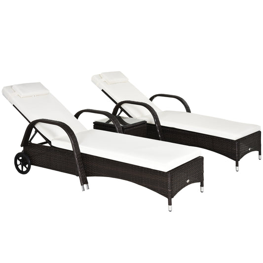 Outsunny Rattan Sun Loungers Set of 2 with Side Table, 3-Piece Garden Furniture Set, Adjustable Recliner Sunlounger Sunbed with Cushions & Headrest, Wheels, Outdoor Patio Daybed, Brown