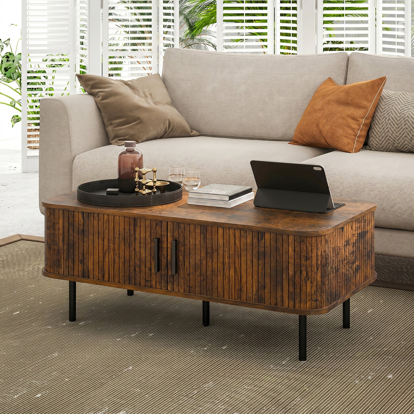 HOMCOM Coffee Table with Storage, Living Room Table with Slatted Tambour Sliding Doors and Adjustable Foot Pads, Rectangular Coffee Table with Elevated Base for Living Room, Rustic Brown