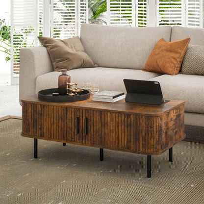 HOMCOM Coffee Table with Storage, Living Room Table with Slatted Tambour Sliding Doors and Adjustable Foot Pads, Rectangular Coffee Table with Elevated Base for Living Room, Rustic Brown