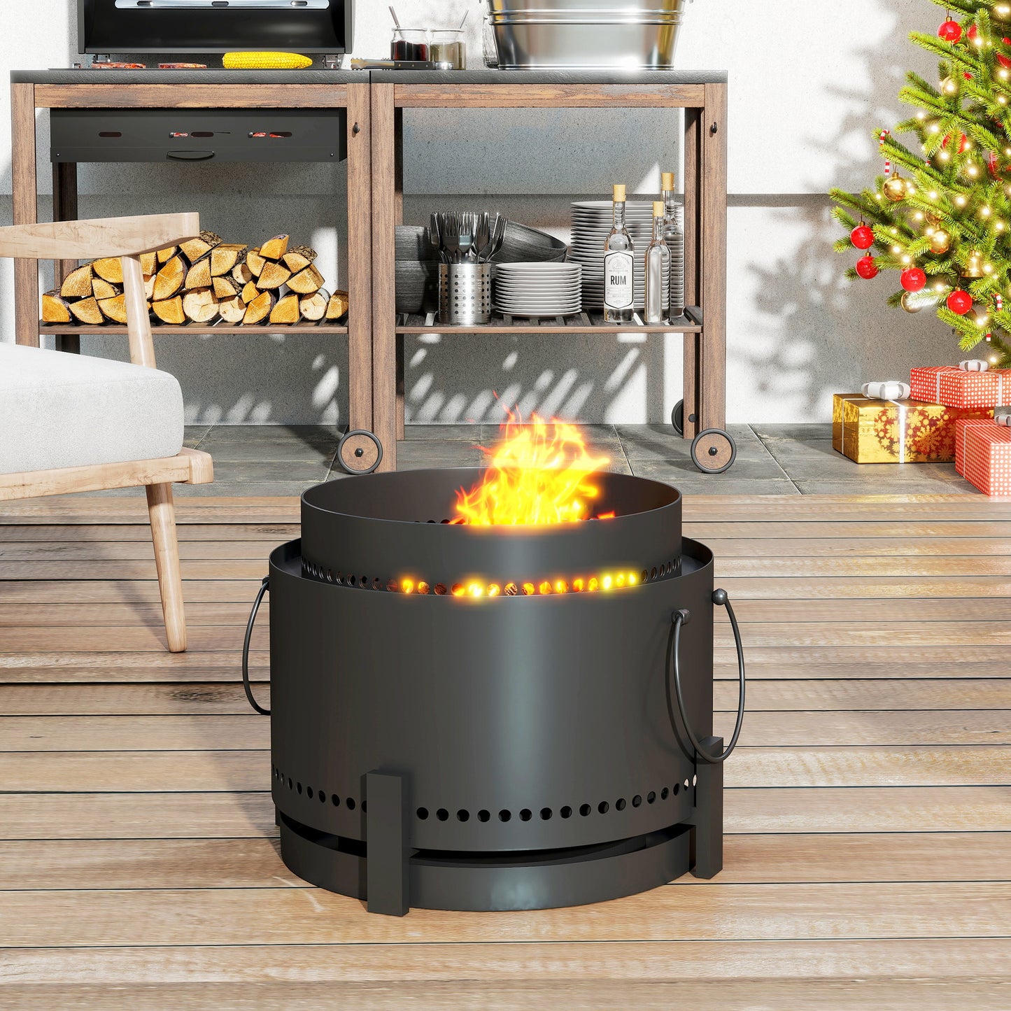 Outsunny Smokeless Fire Pit with Ash Catcher, 37cm Portable Wood Burning Firepit with Poker for Garden Camping Bonfire Party, Metal, Dark Grey