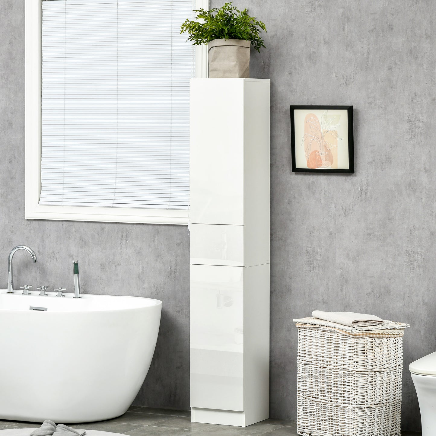 kleankin Luxury Tall Bathroom Cabinet with High Gloss Panel, Sleek White Bathroom Cabinet with Push-to-Open Door, White