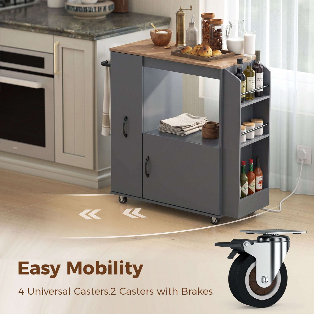 HOMCOM Kitchen Trolley on Wheels, Rolling Kitchen Island Cart with Power Outlet, Cabinet, Pull-Out Drawer, Grey