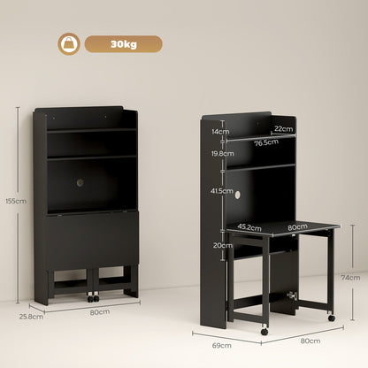 HOMCOM Foldable Desktop, Computer Desk with Storage Shelves, 80 x 69 x 155 cm, Black
