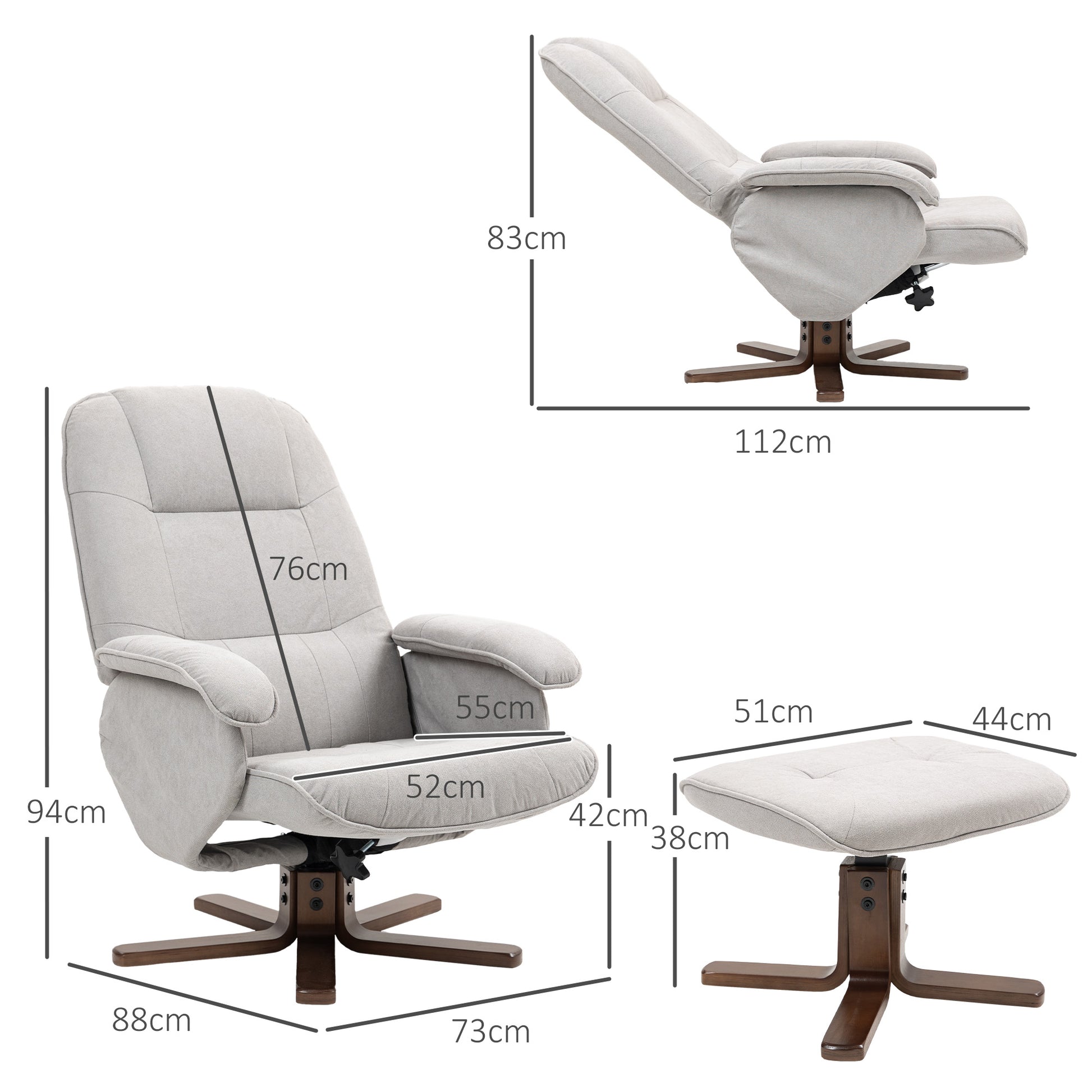 HOMCOM Linen Swivel Recliner Chair with Footstool, Upholstered Reclining Armchair with Wooden Base for Living Room, Light Grey--ChewyGames-ChewyGames