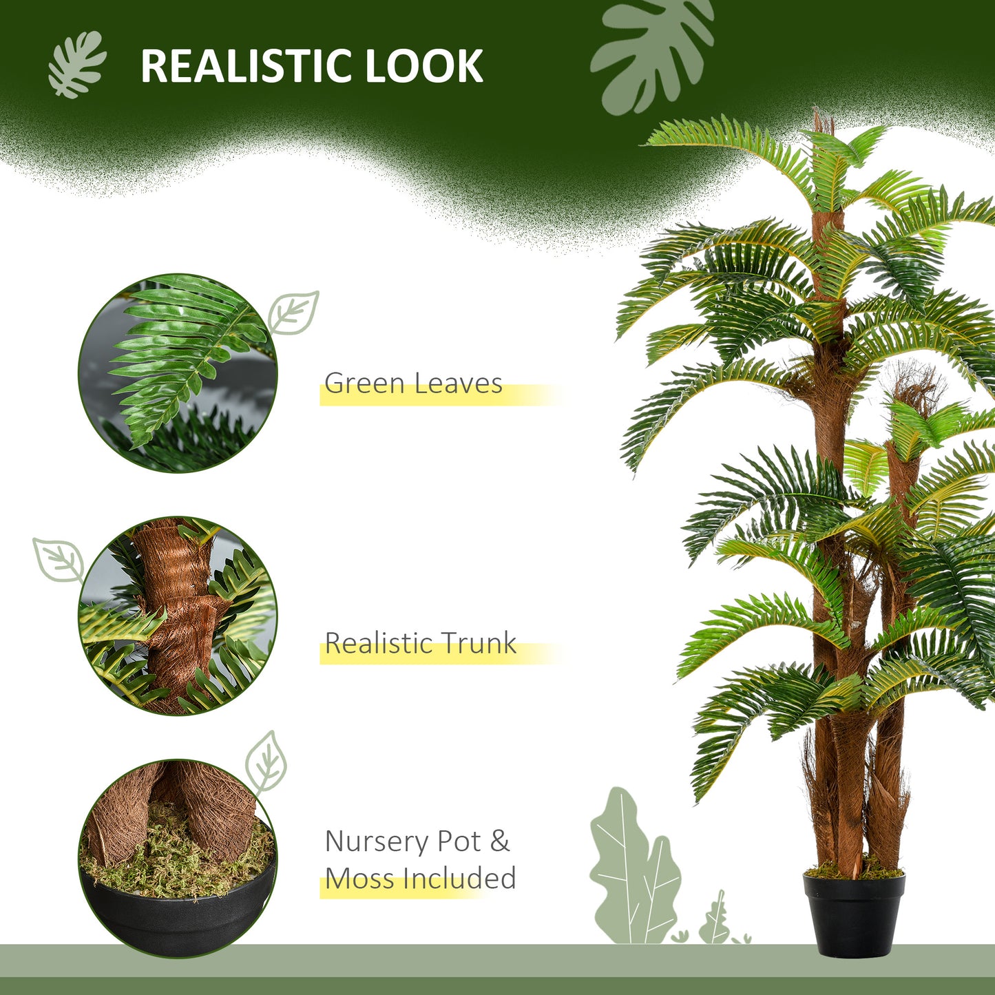 Outsunny Set of 2 Artificial Plant Tropical Fern in Pot, Fake Plants for Home Indoor Outdoor Decor, 150cm, Green
