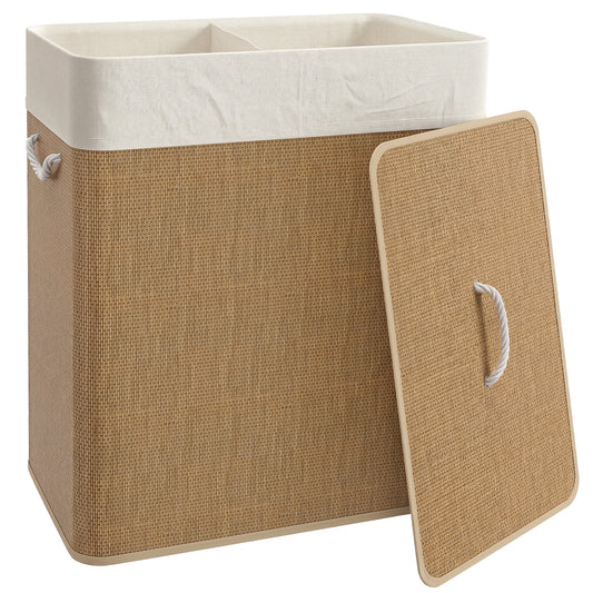 HOMCOM Double Laundry Basket with Lid, 100L Bamboo Laundry Hamper with Rope Handles, Washing Basket with Removable Liner for Bathroom, Bedroom, Brown