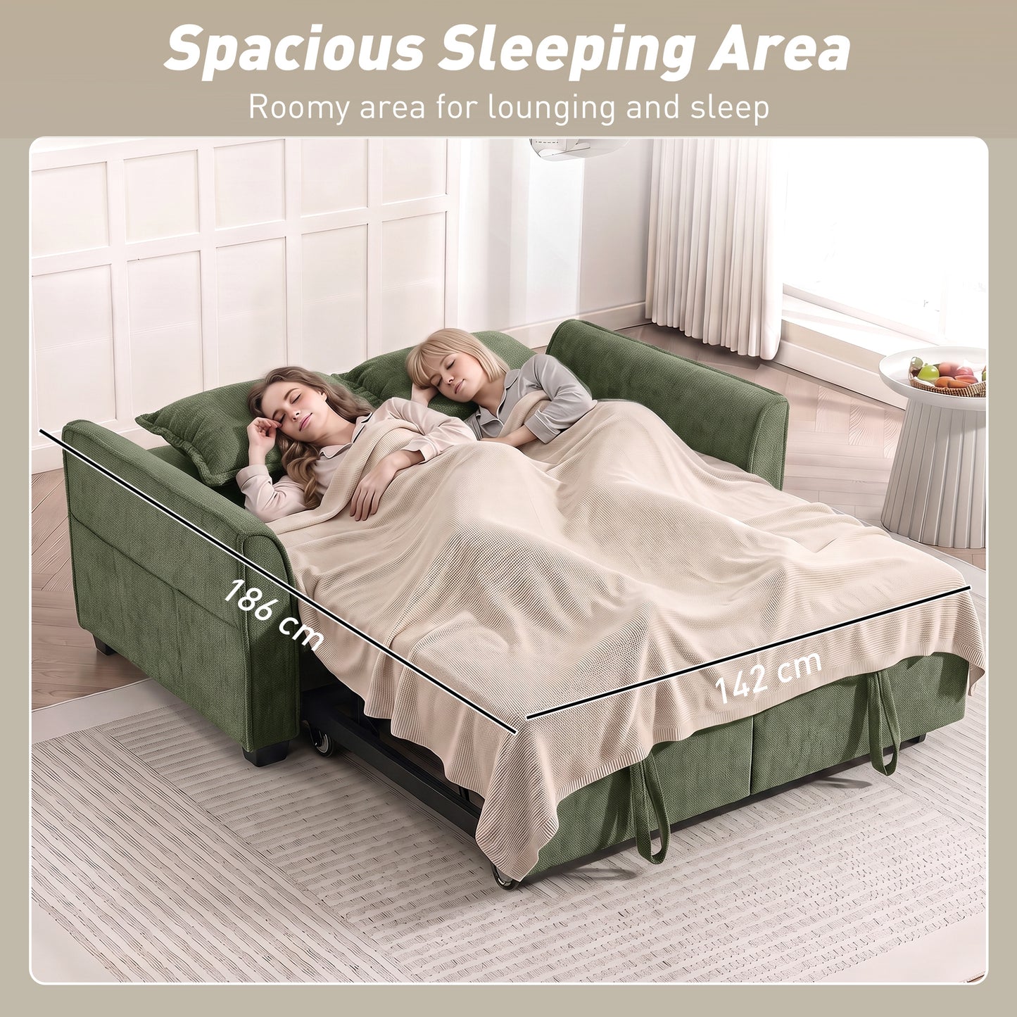 HOMCOM 2 Seater Sofa Bed, 4-in-1 L-Shaped Convertible Pull-Out Sleeper Sofa with Adjustable Backrest Side Pockets, Dark Green