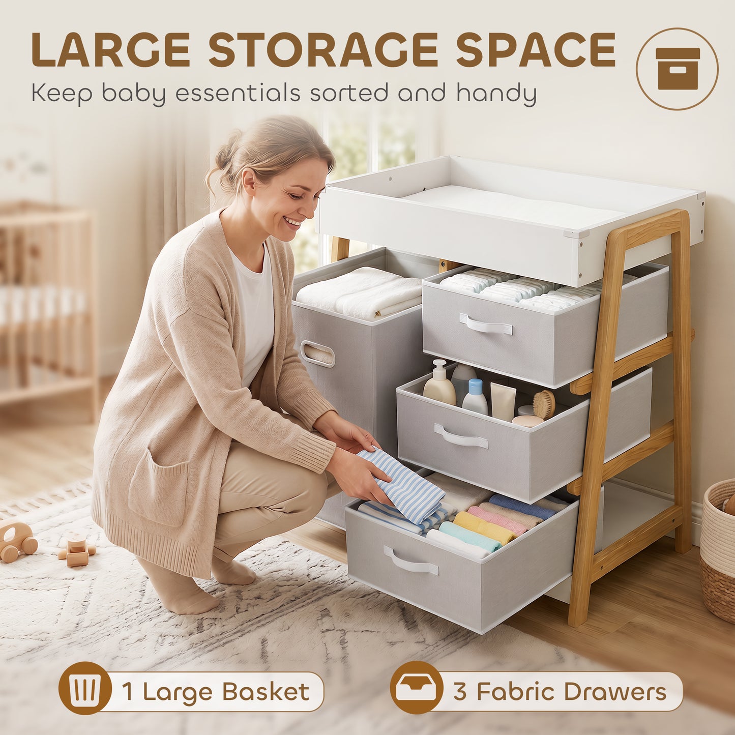 AIYAPLAY Baby Changing Table, Baby Changing Unit with 3 Drawers, Large Basket and Waterproof Pad for Bedroom Nursery, White