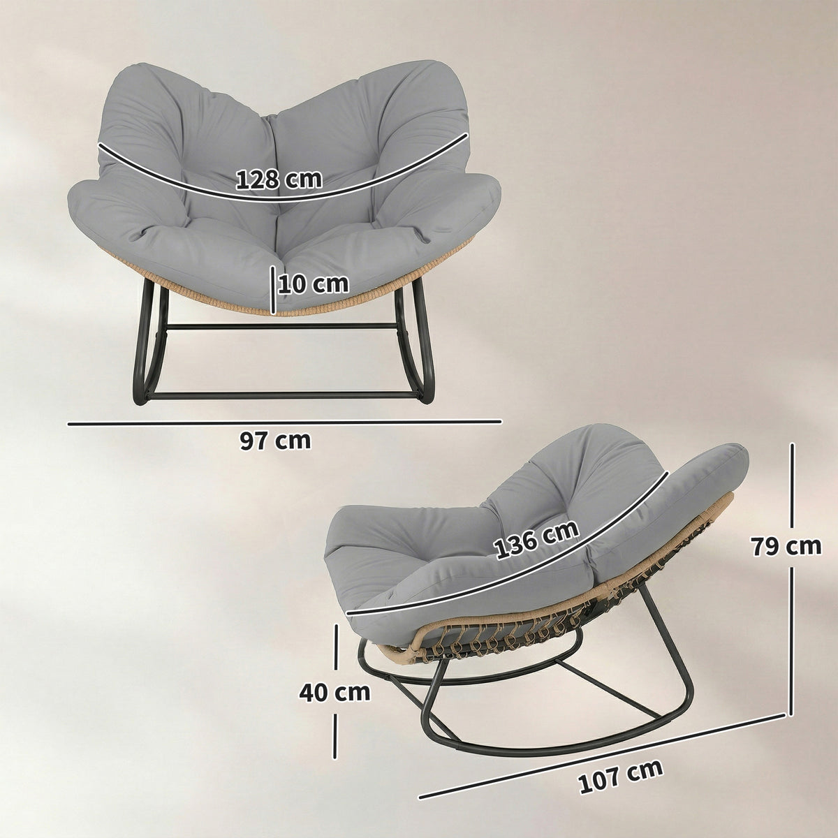 Outsunny Indoor Outdoor Rocking Chair, Oversized Rocking Egg Chair with Cushion for Living Room, Garden, Patio, Light Grey-Rocking Chairs-ChewyGames-ChewyGames