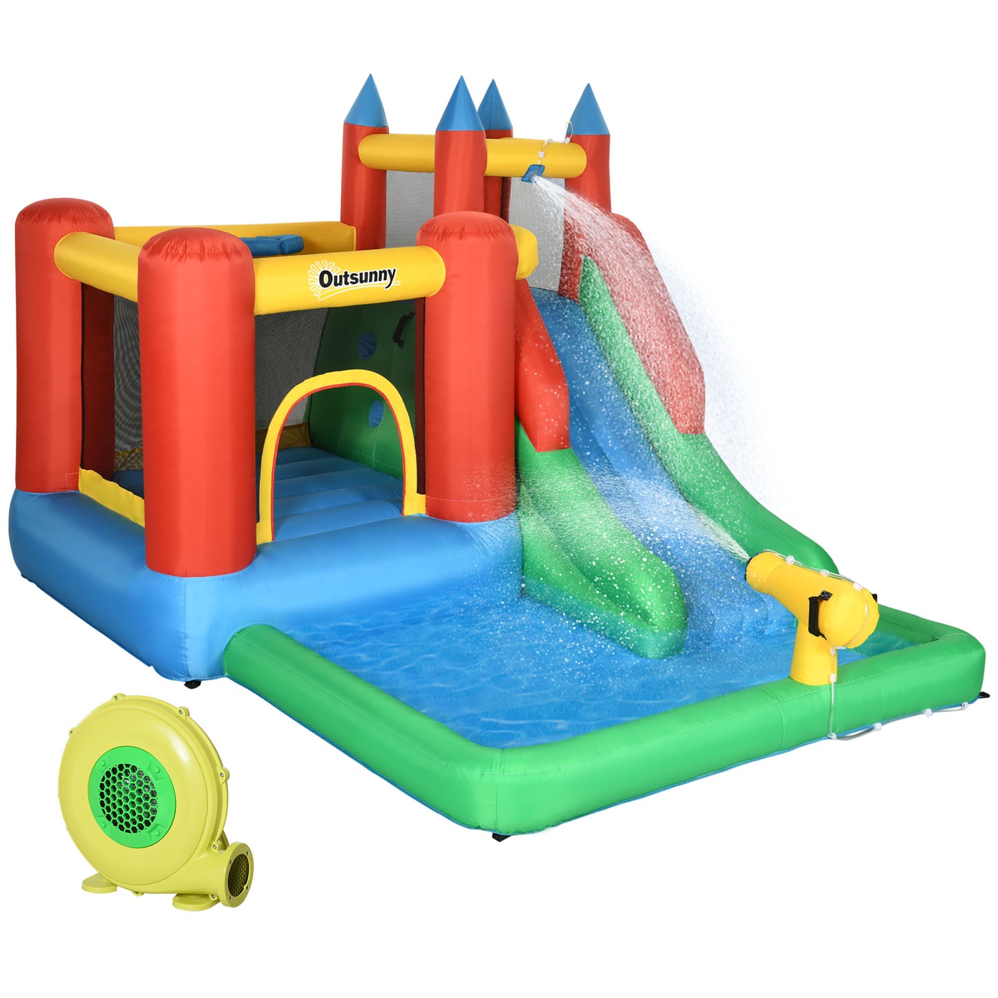 Outsunny Kids Inflatable Bouncy Castle Water Slide 6 in 1 Bounce House Jumping Castle Water Pool Gun Climbing Wall Basketball Hoop with Air Blower for Summer Playland