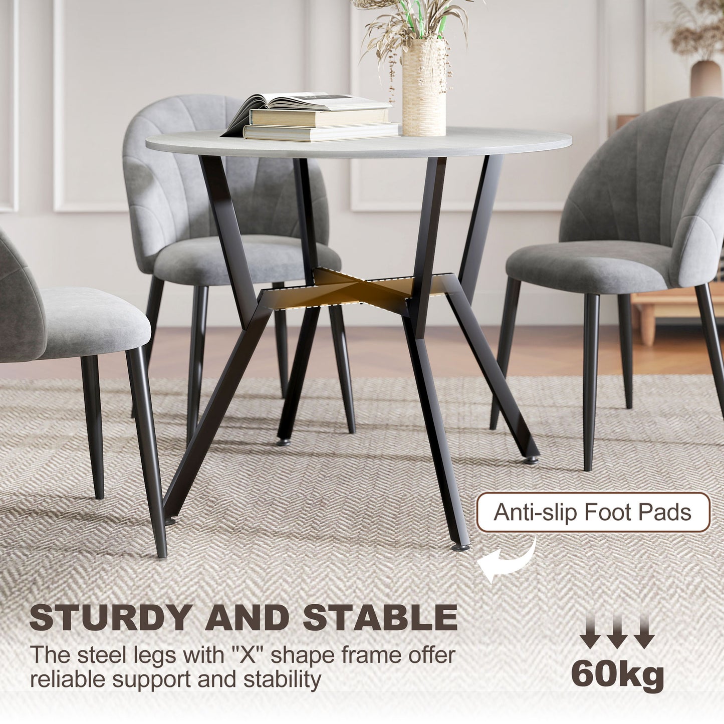 HOMCOM Dining Table, Round Kitchen Table with Black Legs, Anti-slip Foot Pads for Living Room, Dining Room 90 x 76 cm, Grey