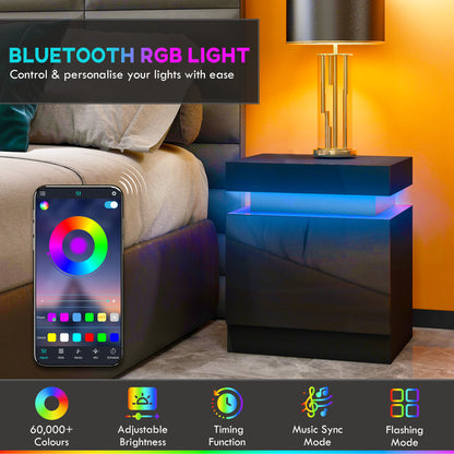 HOMCOM Black Bedside Table with LED Light, High Gloss Front Nightstand with 2 Drawers, for Living Room, Bedroom